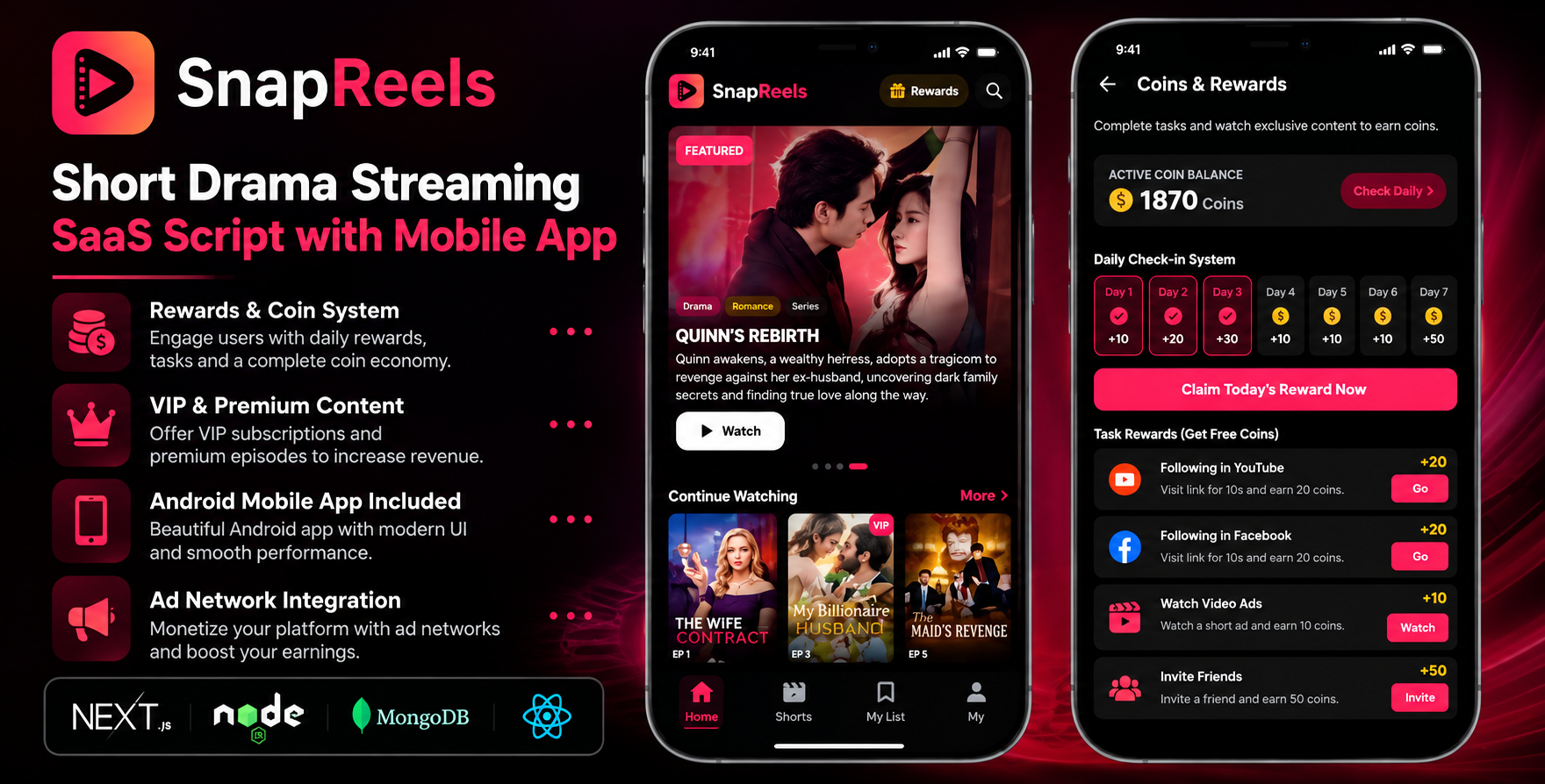 SnapReels - Short Drama Streaming SAAS Script with Android App